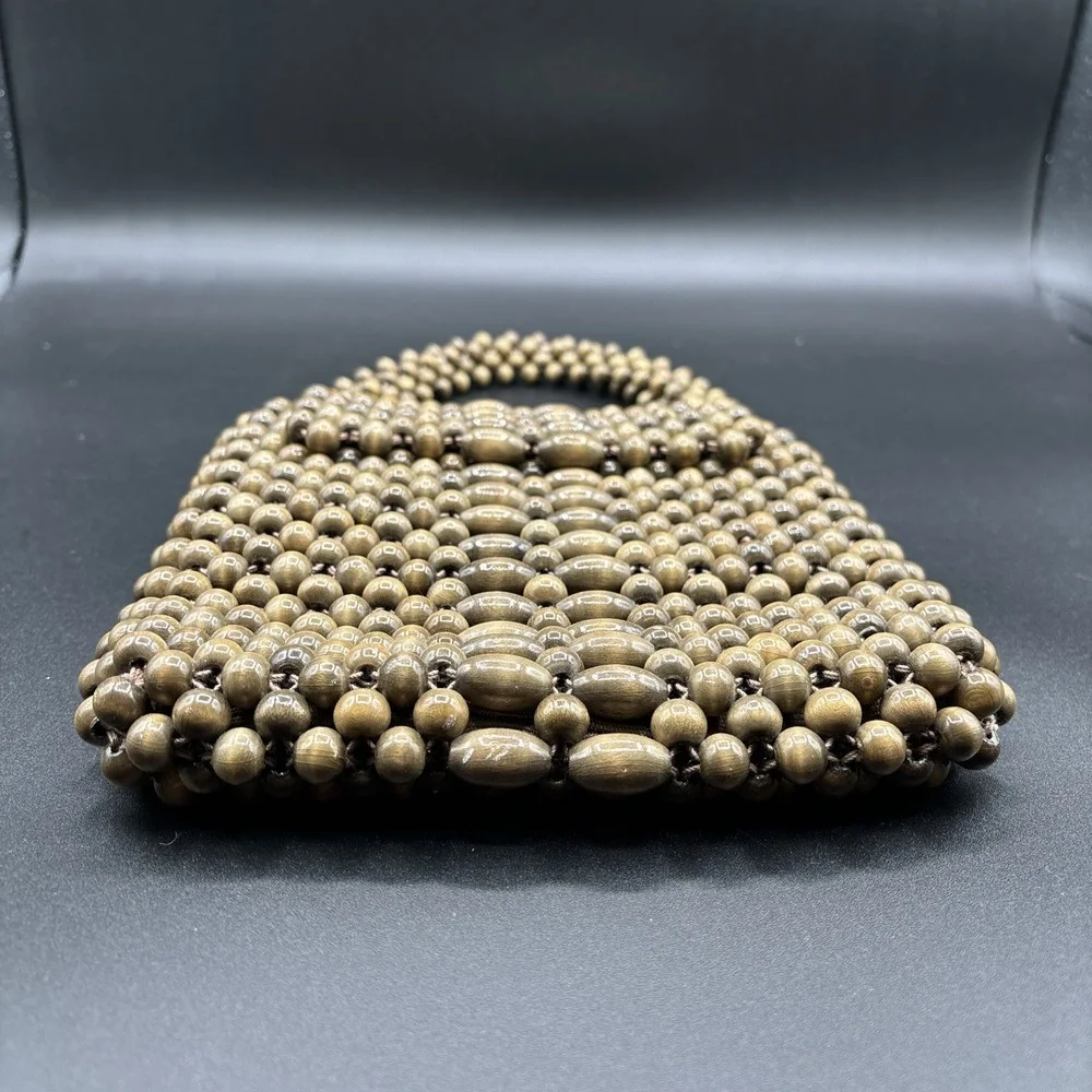 1950s Wood Bead Purse Dayne Taylor Boho Double Handle Handbag Lined MCM Japan